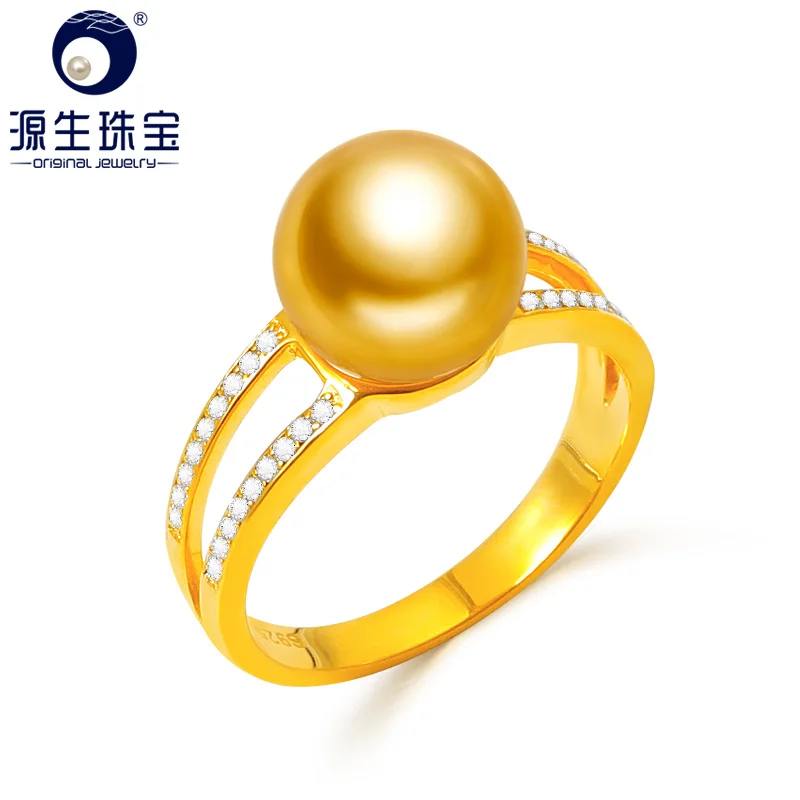 

YS 925 Sterling Silver 9-10mm Natural Gold Saltwater South Sea Pearl Ring Fine Jewelry