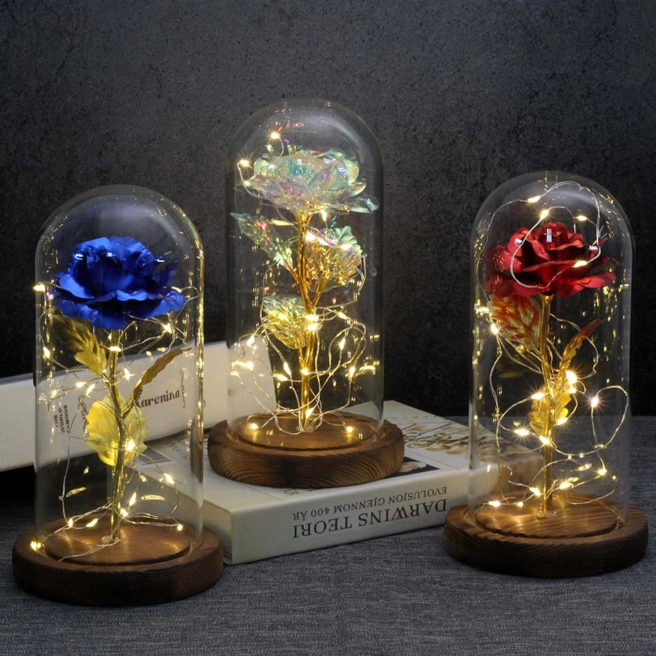 

2pcs Beauty and the Beast rose battery powered LED red flower lamp string table lamp romantic Valentine's day gift decoration