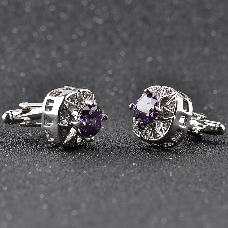 Luxury Men's White Purple Enamel Crystal Zircon Cufflinks Round Wedding Party Cufflink French shirt Cuff Buttons Jewelry Gifts