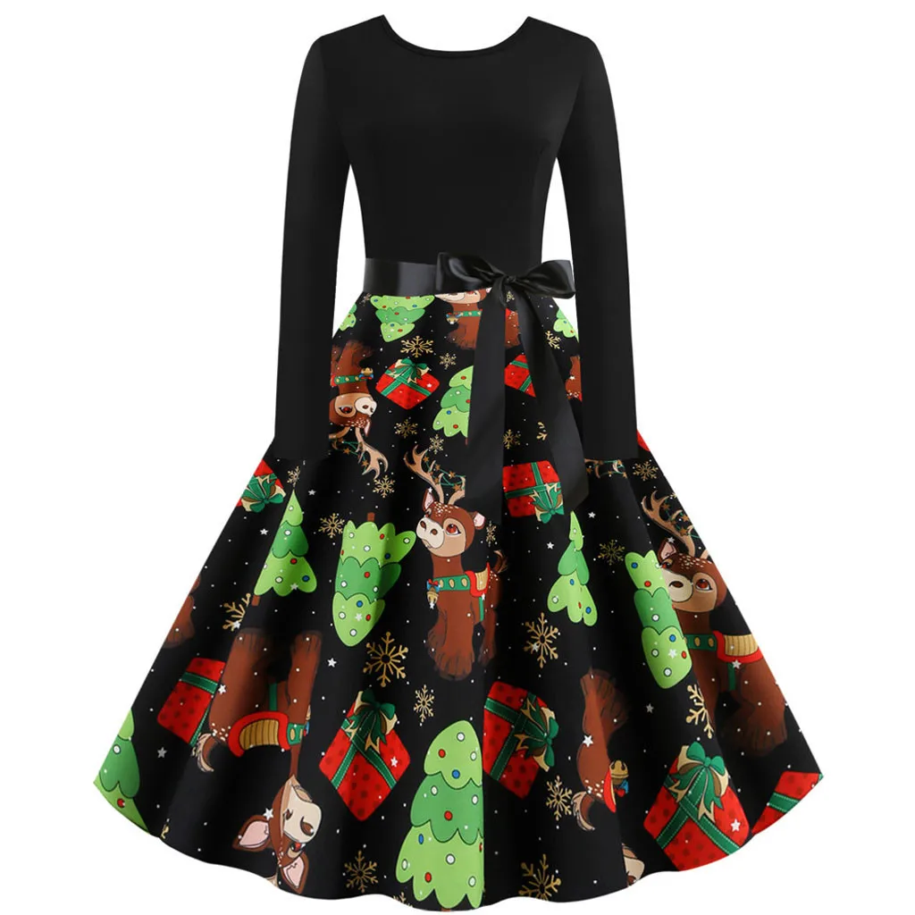 Feitong модное платье с бантом элегантное женское винтажное платье с длинными рукавами и принтом рождественское Черное вечернее платье - Цвет: 46