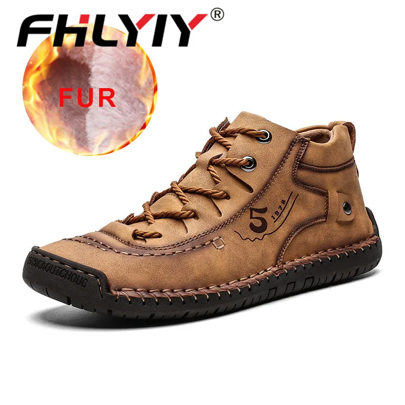 Fur gold yellow Зимняя обувь мужские теплые повседневные кожаные модные удобные ботинки на плоской подошве мужская обувь на шнуровке зимние мужские ботинки для походов большой размер 48 - Цвет: Fur gold yellow