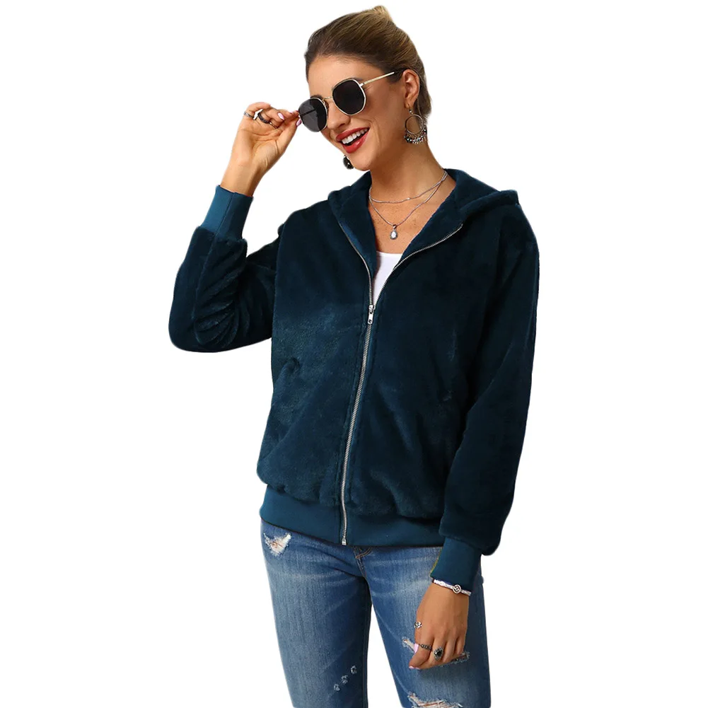Королевский синий Newly Women Fleece Jackets Winter Warm Hooded Fluffy Zipper Closure Coat Overcoat m99 - Цвет: Королевский синий