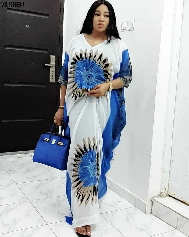 Two Piece Set African Dresses For Women Fashion Chiffon Positioning Printing Clothes African Dress Dashiki Loose Robe Africaine 01
