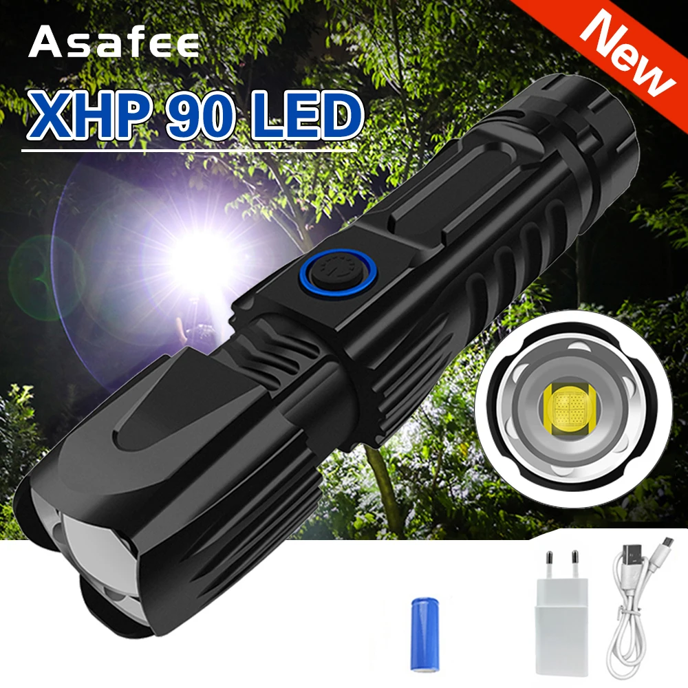 

Asafee W69 Powerful XHP90 LED Flashlight Lamp Zoom Torch USB Rechargeable Tactical Light Camping Hunting Lamp Flash Light Torch