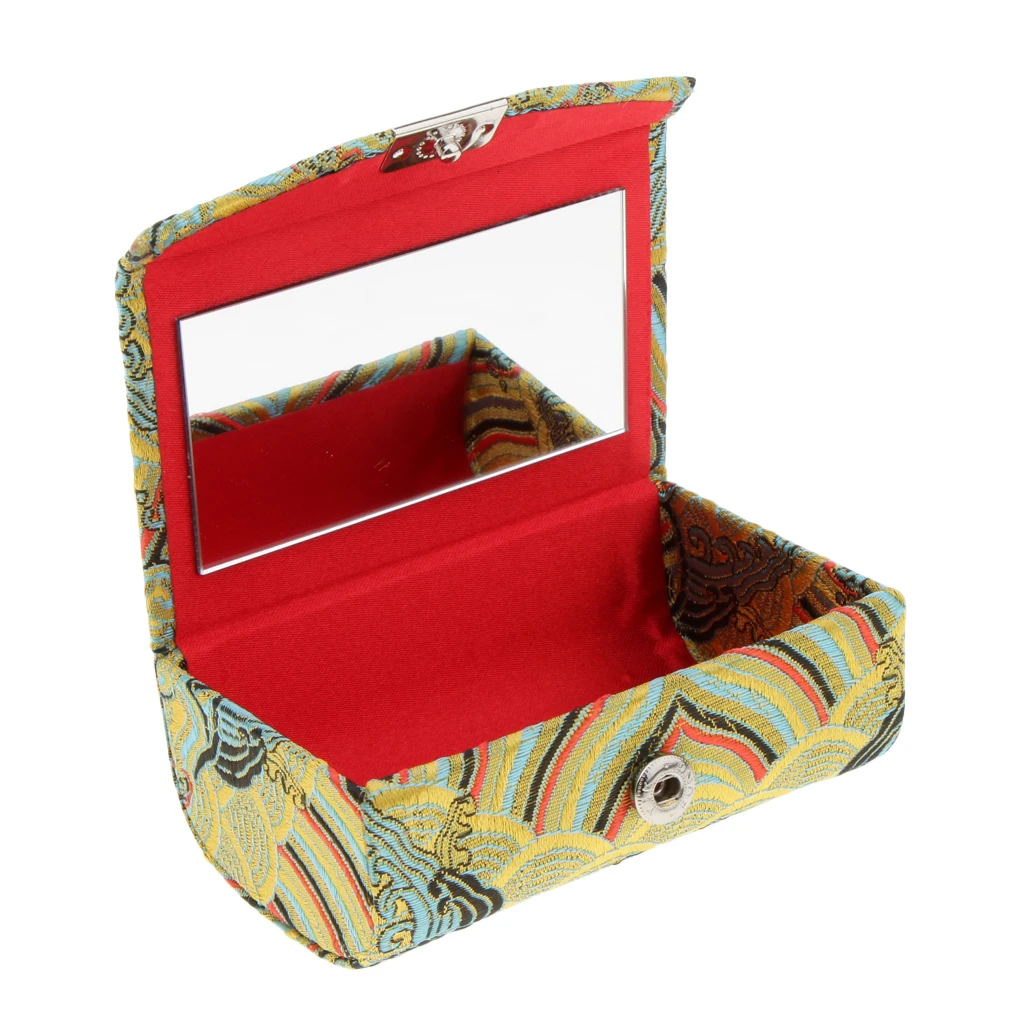 Retro Brocade Embroidered Chinese National Costume Design Lipstick Jewelry Case Holder Box With Mirror- Holds 2 Lipsticks