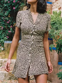 

New 2020 Retro Floral Printing Women Mini DressSummer Short Sleeve Casual Holiday Slim Fit Robes