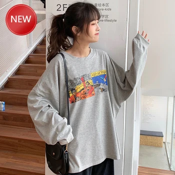 

T-shirts Korean Oversized O Neck Long Sleeve Letter Print Loose Tops Student Spring Chic Batwing Tshirt Women Bf Wind Harajuku