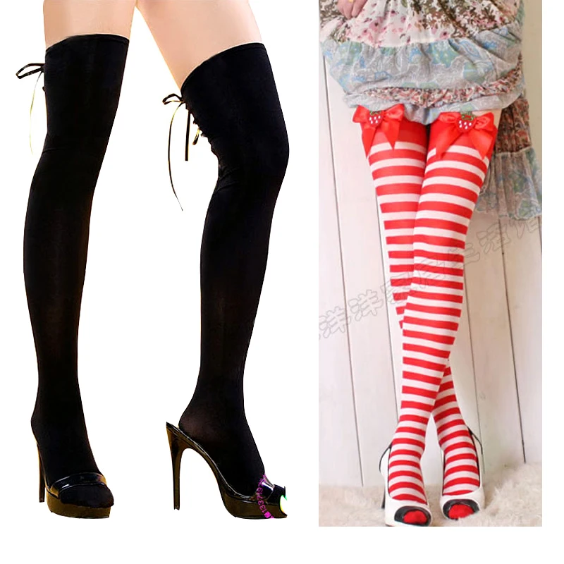 

Girl Cosplay Punk Rock Cute Lolita Strawberry Striped Gothic Criss Cross Ties Opaque Hold UP Thigh High Top Stockings Tights