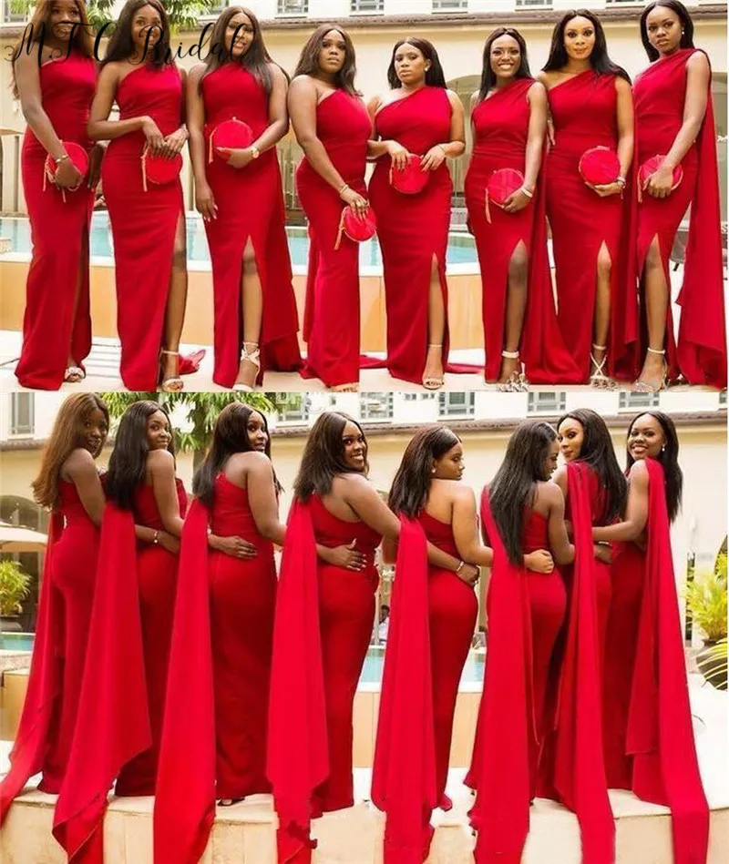 Wholesale Price One Shoulder Red Long Bridesmaid Dresses Sexy Side Slit Floor Length Elastic Satin Maid Of Honor Dress