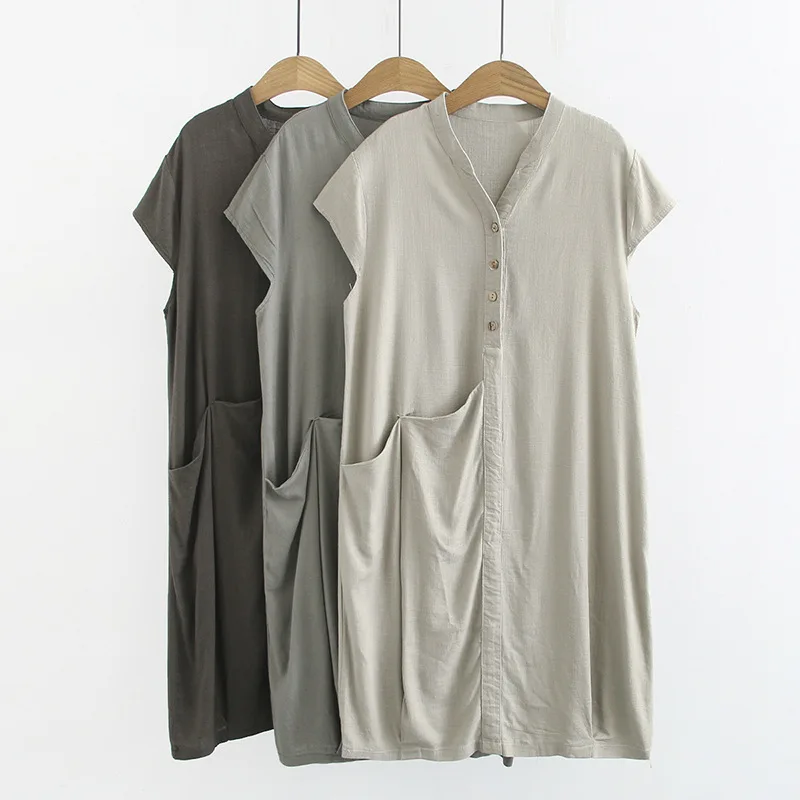 

2020 New Style Spring Clothing Cotton Linen Dress Short Sleeve Solid Color Mid-length Shirt Dress Large Size V-neck Skirt Childr
