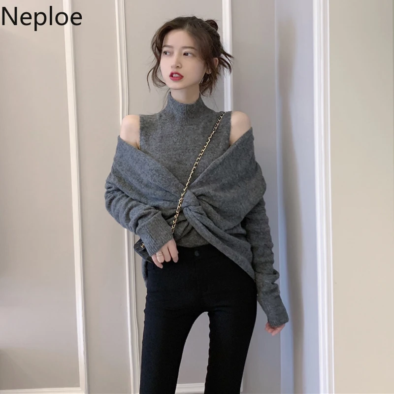 Neploe, корейский сексуальный Вязанный свитер без бретелек, джемпер с перекрестными завязками, дизайнерский пуловер, топ, однотонный Модный пуловер, женская верхняя одежда 48106