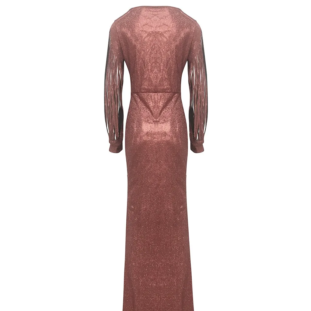Сексуальное Платье макси с глубоким v-образным вырезом, с вырезами, с рукавами-фонариками, с блестками, эластичный материал, осень/зима, однотонное длинное платье