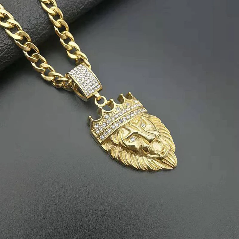 Хип хоп Bling Iced Out Стразы Золото Нержавеющая сталь корона лев Подвески ожерелье для мужчин рэппер ювелирные изделия 7 мм 61 см кубинская цепь