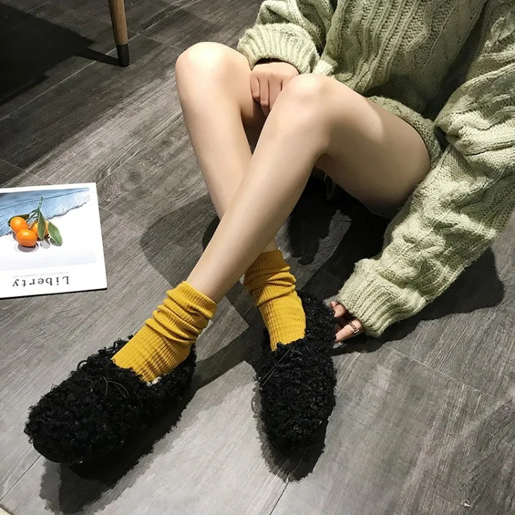 Теплая плюшевая обувь; chaussures; женская зимняя обувь на меху; модная обувь на плоской подошве; женские мягкие удобные лоферы без застежки; Y18-04