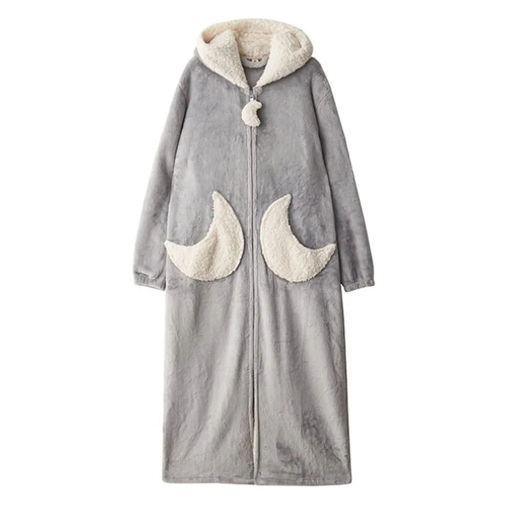 Зимний женский теплый флисовый халат кораллового цвета со звездами, с капюшоном, банный халат, пижама, одежда для сна, с карманами, на молнии, ночной халат# g3