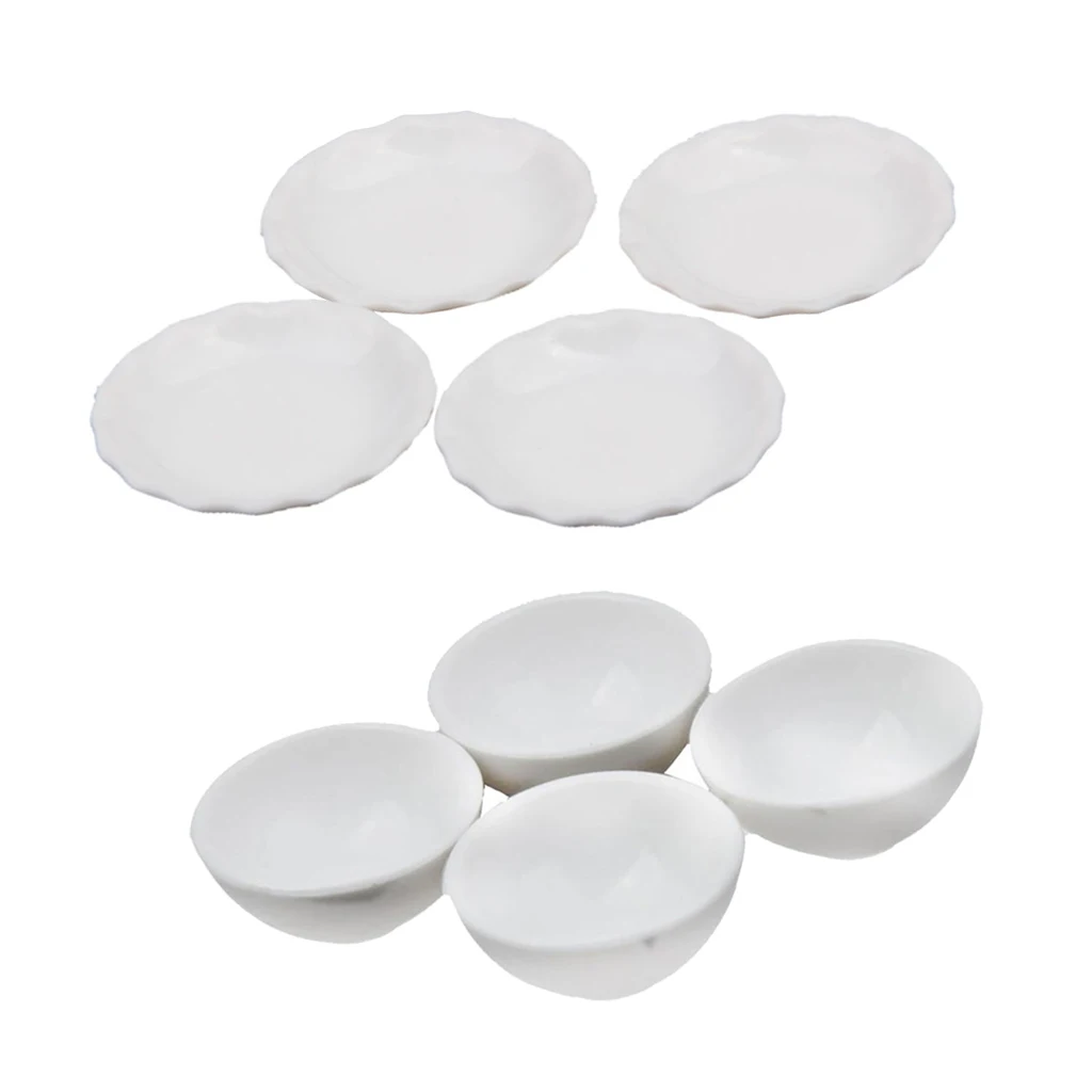 8pcs/set Dollhouse Miniatures White Ceramic Bowls Dishes Plate Tableware Kit