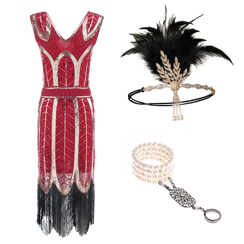 Платье размера плюс XXXL 1920s с хлопушкой, вечерние платья с блестками и бахромой в стиле Грейт Гэтсби - Цвет: RED-SET--1