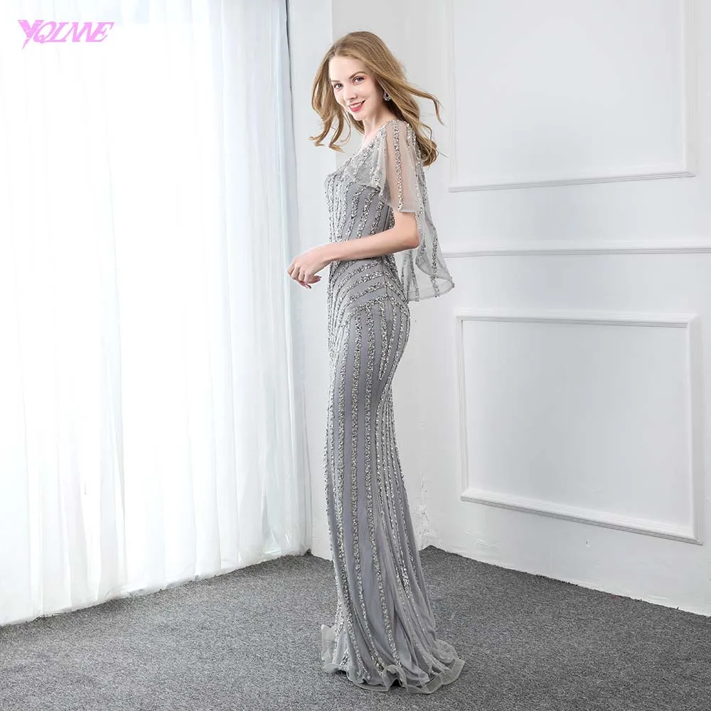 YQLNNE Серый Кристалл длинное вечернее платье Русалка V шеи тюль бисером модное вечернее платье