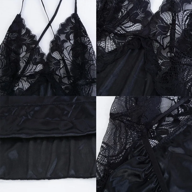 Женское сексуальное пляжное платье с v-образным вырезом, нижнее белье, ночное платье без рукавов, Женская атласная ночная рубашка размера плюс, черное кружевное Ночное платье