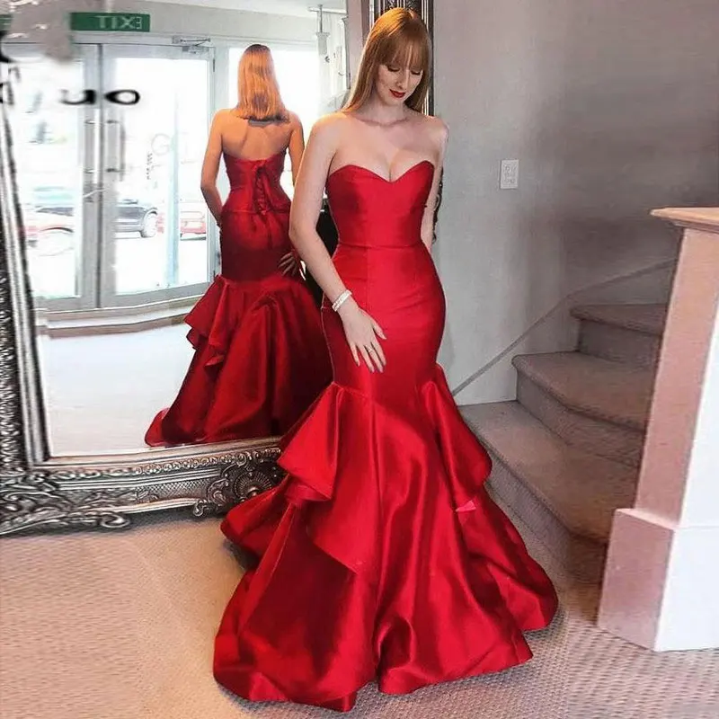 Красные Сатиновые вечерние платья без бретелек для выпускного вечера vestido de noiva sereia, вечерние платья на шнуровке