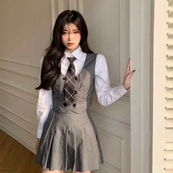 FAKUNTN College Style Japanese Fashion Jk Suit School Uniform Girl Outfit Casual Vest Jacket Tie Pleated Skirt Shirt Slim Women