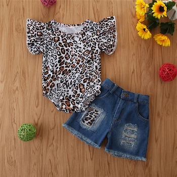 

Summer Baby Outfits Girl Casual Suit 2PCS Animal Print New Style Fly Sleeve Romper + Jeans Shorts Baby Suit 6-24M Girls Sets