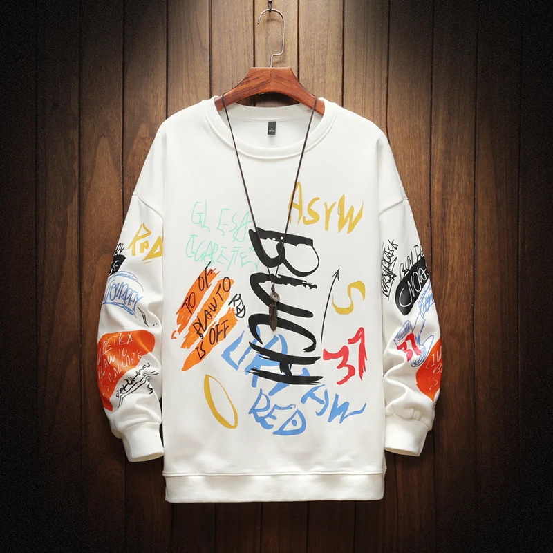 Mens Crewneck Sweatshirt Men 2023 Graffiti Oversized Japanese Streetwear Hip Hop Black Hoodie Men Sweatshirts Hoodies