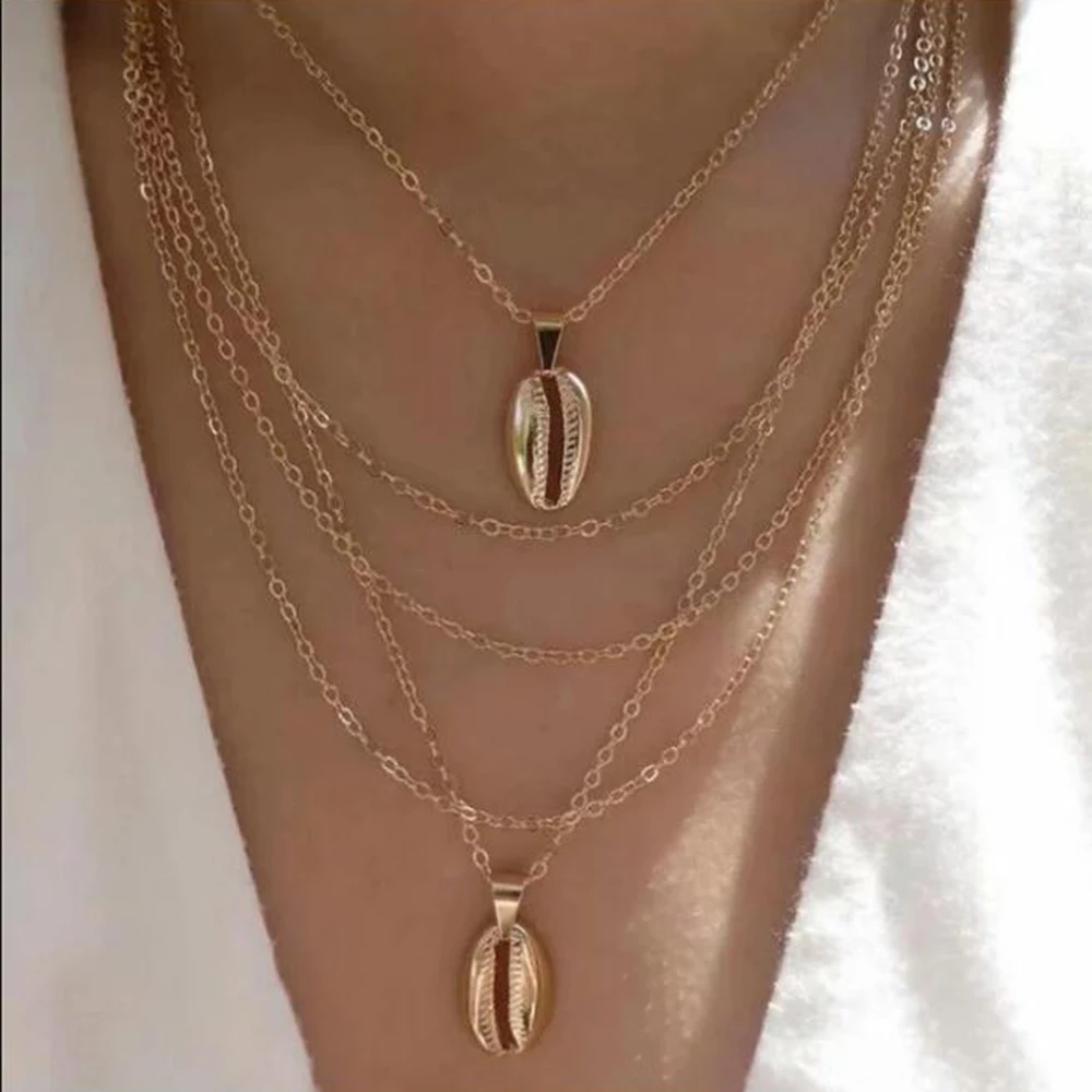 

XIYANIKE Multilayers Necklace Natural Shell Gold Cowrie Sweater Chain Women Best Friend Cowry Choker Necklace Bohemian Jewelry