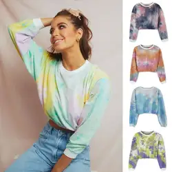 Женский пуловер в стиле хип-хоп с рисунком резинки для девочек, Модный укороченный Топ с длинным рукавом, многоцветные топы, толстовка