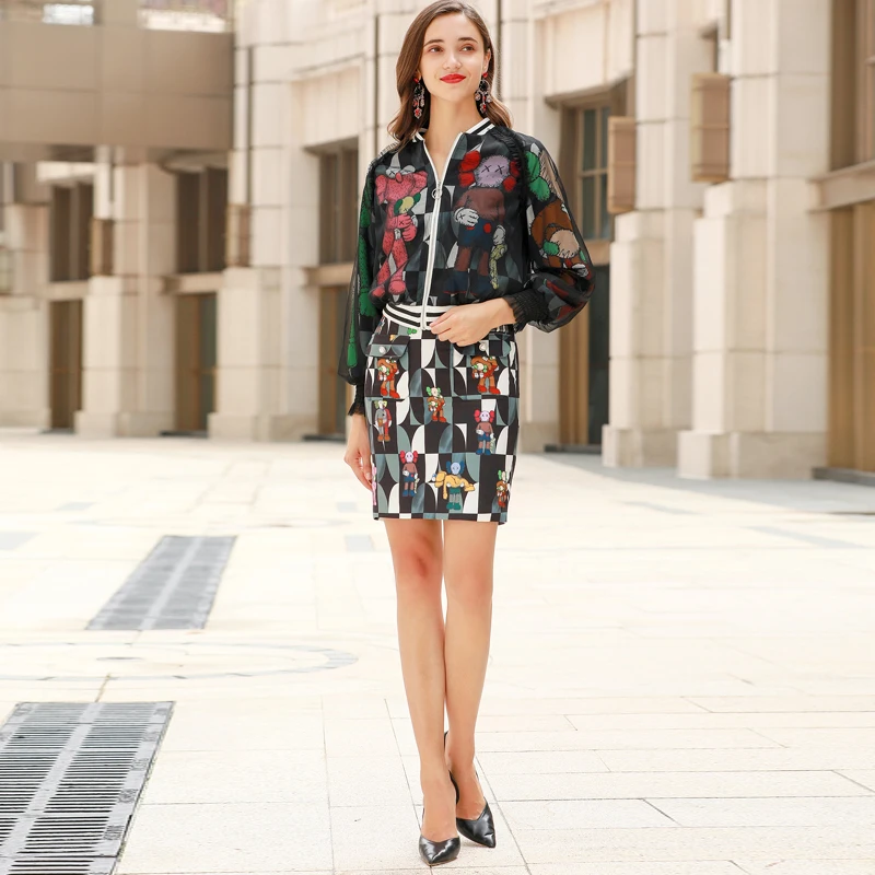 

Xiaomoli Autumn 2019 New Retro Printed Screen Jacket, Half-length Skirt, Two-piece Skirt