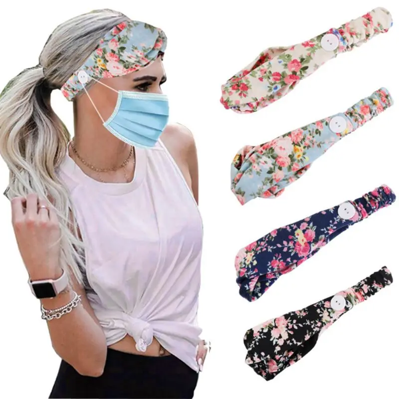 

Women Sport Stretchy Button Headband Boho Leopard Floral Print Twist Knot Headwrap Protect Ears Face Mask Holder Printed Turban
