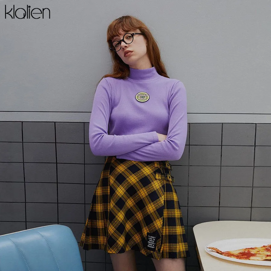 KLALIEN women casual fashion long sleeve turtleneck purple autumn letter tees elegant sweatshirts female pullover loose new