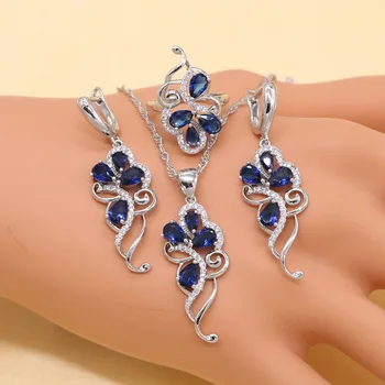 XUTAAYI-مجموعة مجوهرات الزفاف الفضية للنساء ، سوار على شكل نبات ، أقراط من الزركون الأزرق ، قلادة ، خاتم ، صندوق هدايا 2