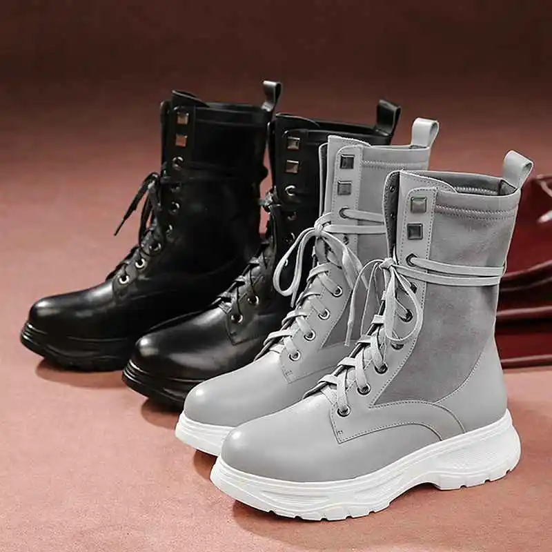 krazing pot cow leather round toe sweet med heel solid concise casual thick bottom lace up plus size stretch mid-calf boots l9f8