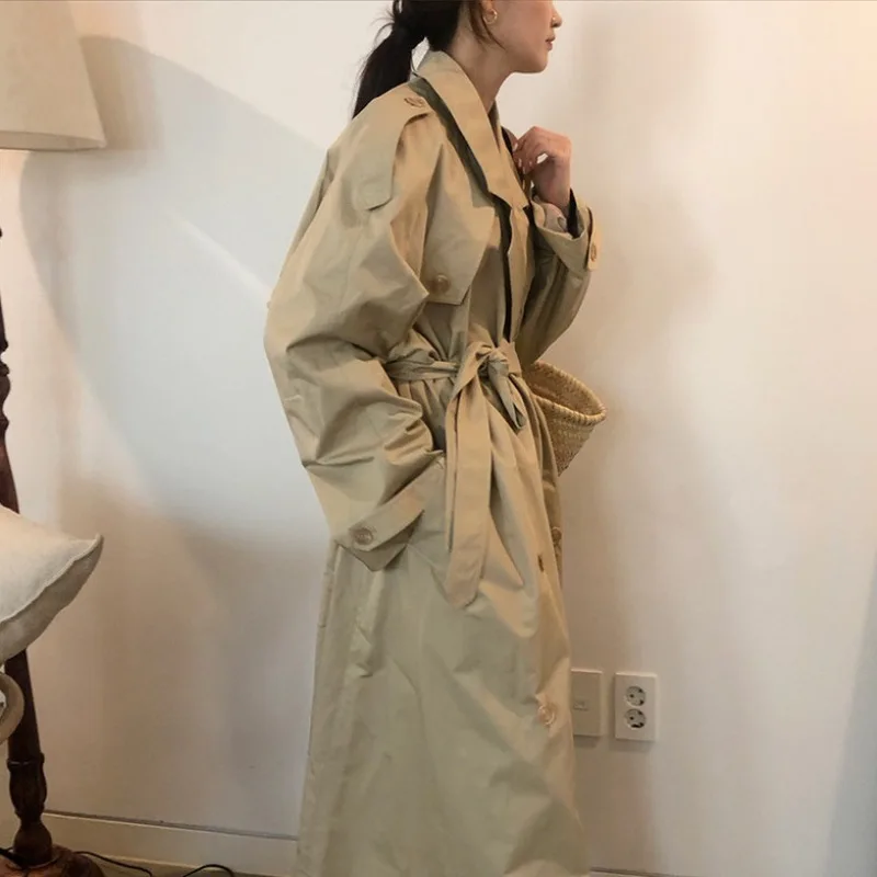 Ladies Autumn Lapel Double Breasted Trench Coat Leisure Belt Long Trench Coat