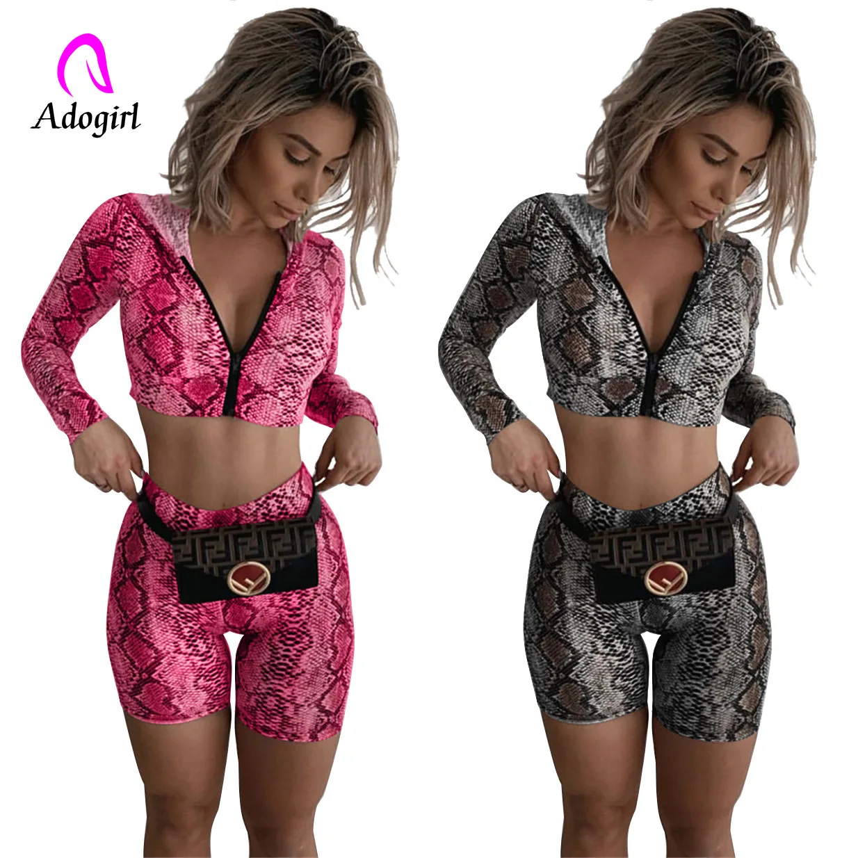 

Fitness Snake Print Zipper Up Hooded Coat High Waist Biker Shorts 2019 Sexy Women Club Party Wear 2 Piece Matching Set Outfits