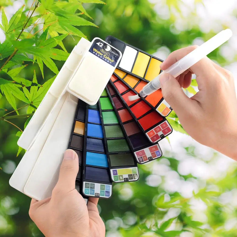 

Foldable Pocket Watercolor Paint Set With watercolor Paint Brush Pen Palette 18/25/33/42 Color Portable Drawing Art Supplies