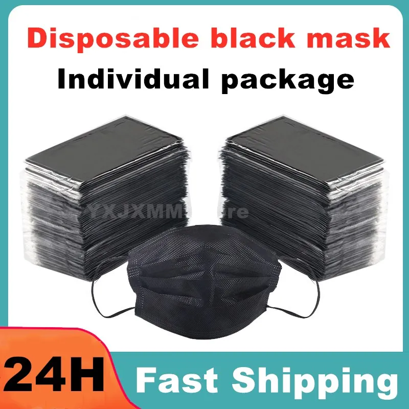 Mascarilla desechable de 3 capas para adultos, máscara no tejida, envuelta individualmente, con filtro negro, 10/100/200/400 Uds.