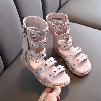 

Girls Long Boot Rivets Sandals Soft Bottom Fashion Gladiator Sandals 2020 Summer Children Outdoor Non-slip Flat Zip Shoes 26-36