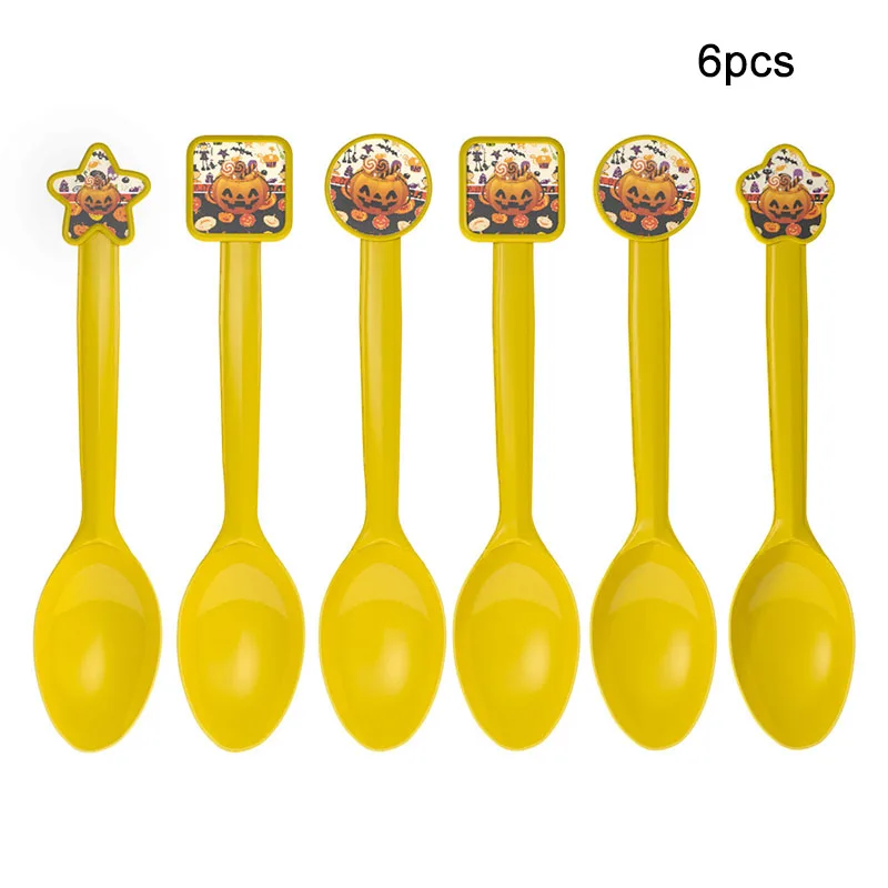 Halloween Candy Pumpkin Head Theme Creative Party Package Decoration Party Supplies Party Disposable Tableware Cup Plate - Цвет: spoon-6pcs