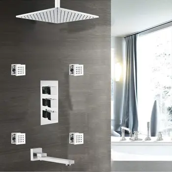 

LuxuryThermostatic Shower Systems With 4 PCS Body Jets 16 Inch LED Ceiling Rainfall Showerhead And Shower Faucet Combo Set