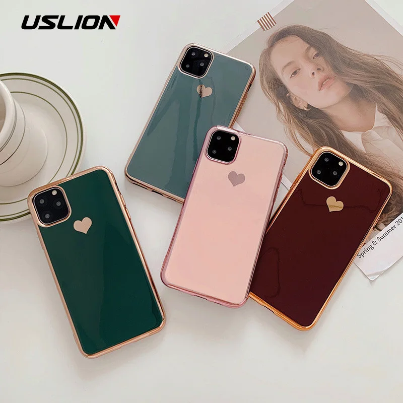 Чехол USLION с гальваническим покрытием и сердечком для iPhone 11 Pro Max XR XS X 7 8 6 6S Plus