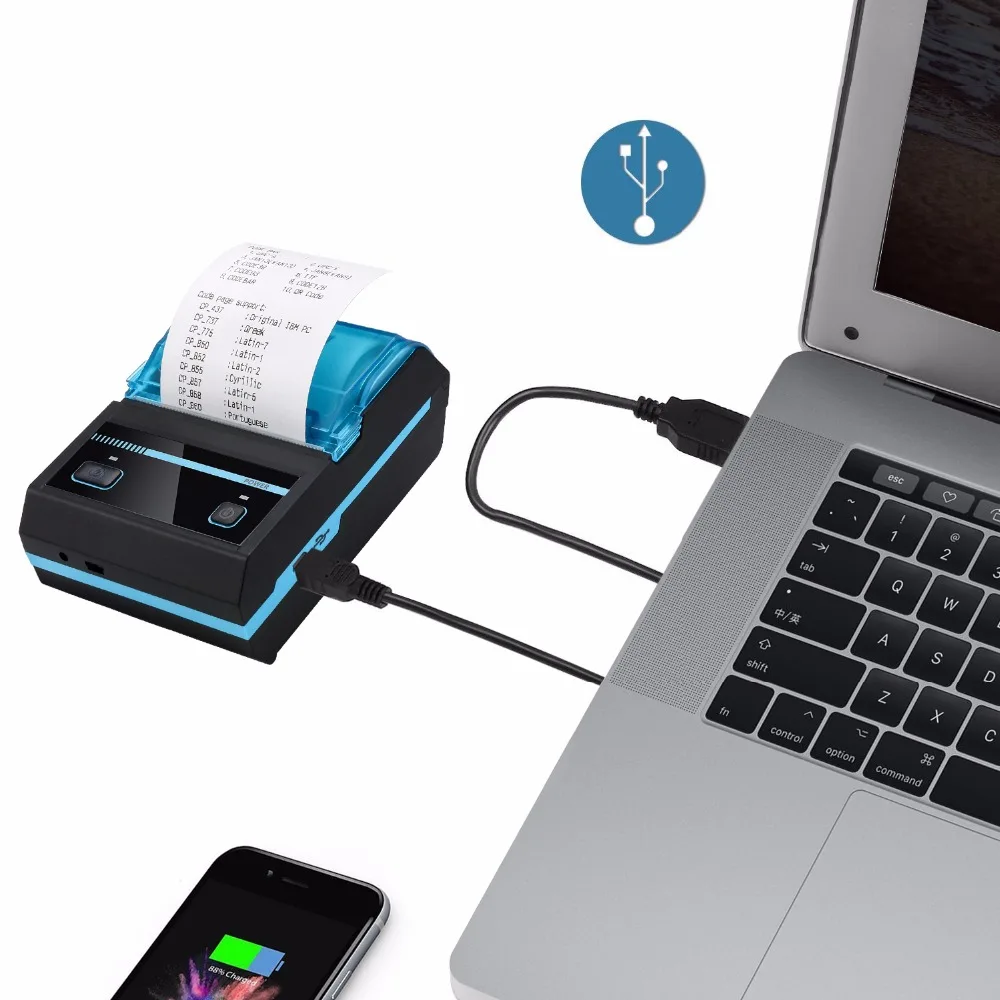 58mm portable bluetooth wireless printer mini thermal printer for Android iOS smartphone and tablet pc with 1
