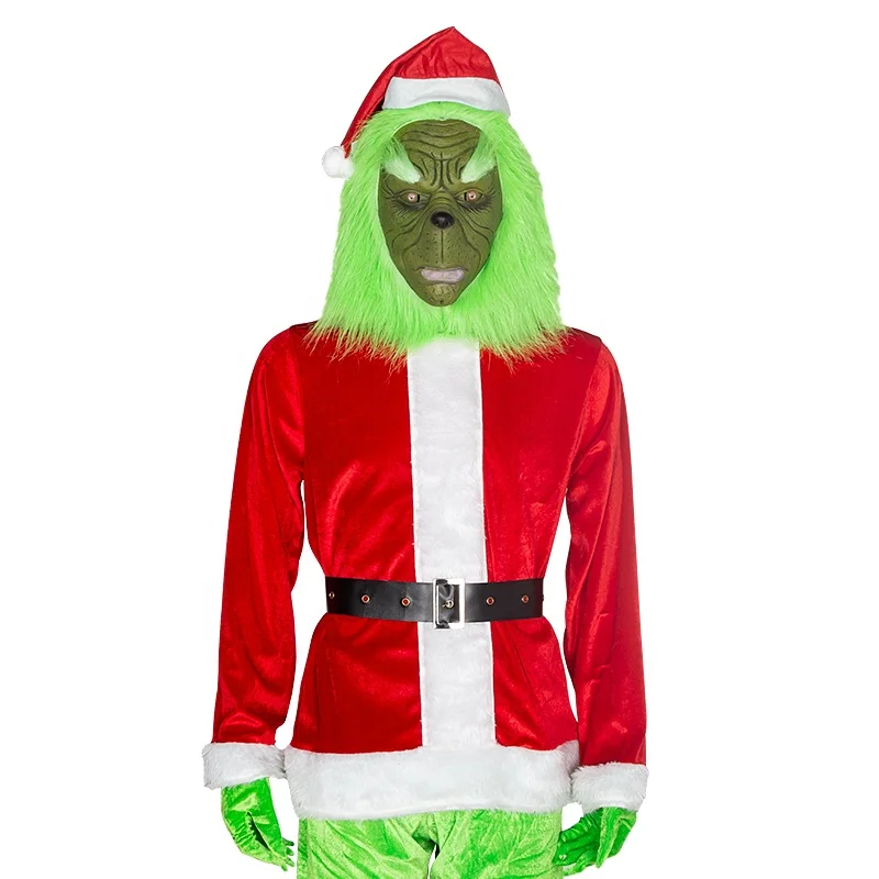 Рождественский костюм Grinch, Рождественский костюм для взрослых, костюмы для Хэллоуина, Санта-Клауса, забавный флисовый наряд для мужчин с маской