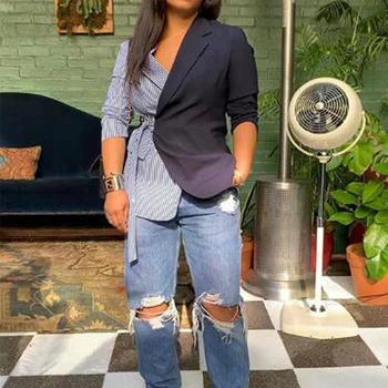 

Hit Color Turn Down Collar Casual Suit Coat Autumn Full Sleeve Bandage Women Clothes Sexy Trench Female Jacket Lady Tops Dark Blue