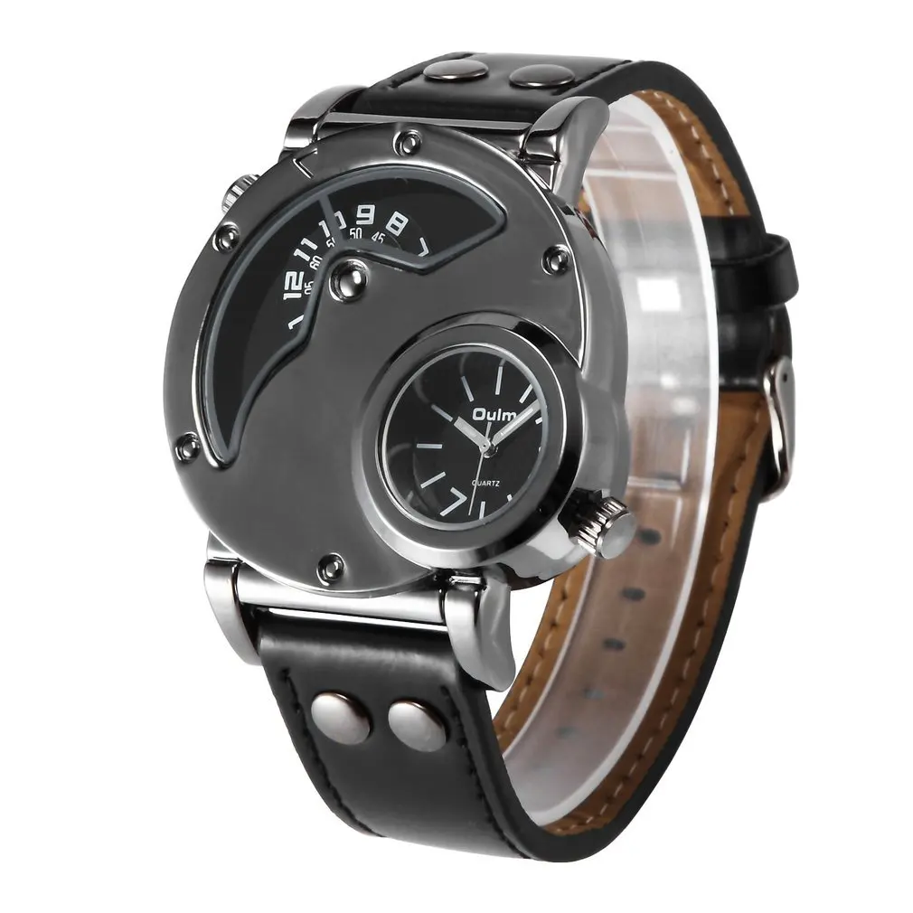 

Men Watch Brand Oulm Dual Time Zone Leather Band Watch HP9591B Japan Quartz Movement Outdoor Travel Male Wristwatch