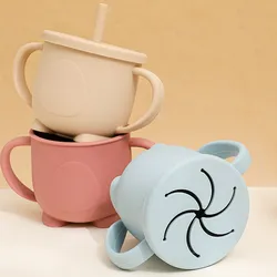 1Pcs BPA Free Kid Silicone Straw Cup Food Storage Box Baby Snack Cup Cartoon Toddler Drinking Learning Cup with Handle Drinker