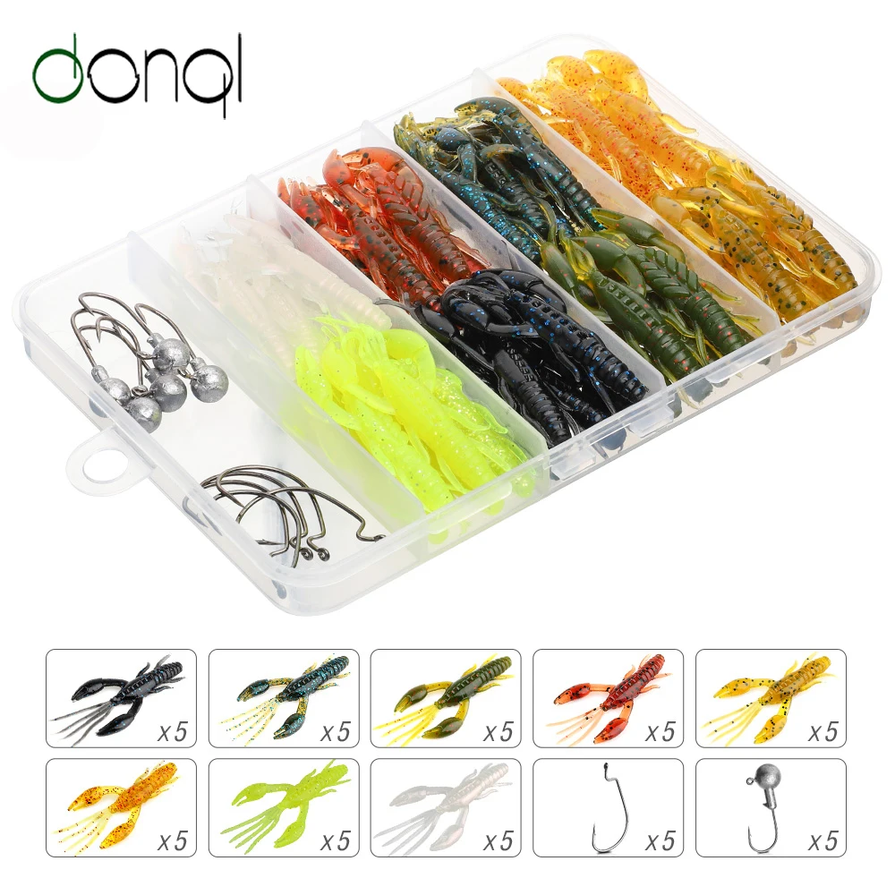 DONQL 40Pcs/lot Shrimp Soft Fishing Lure Set Artificial Silicon Bass Swimbait 50mm 1.6g Jig Rubber Hook Bait Tackle | Спорт и