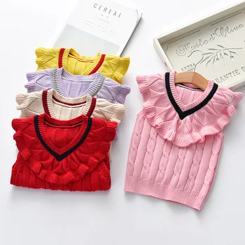 

Baby Girls Knit Vest Knitted Baby Vests Fashion Sleeveless V-neck with Ruffles Waistcoat Kids Spring Autumn Tops for 2-7 Years