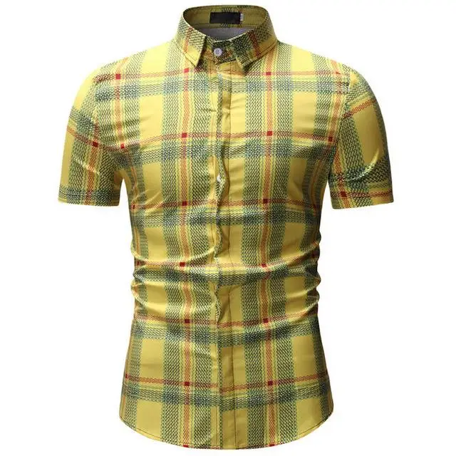 Men's plaid pocket shirt new design men's slim short sleeve dress shirt casual men's shirt Chemise Homme Camisa Social XXXL - Цвет: YS14 yellow